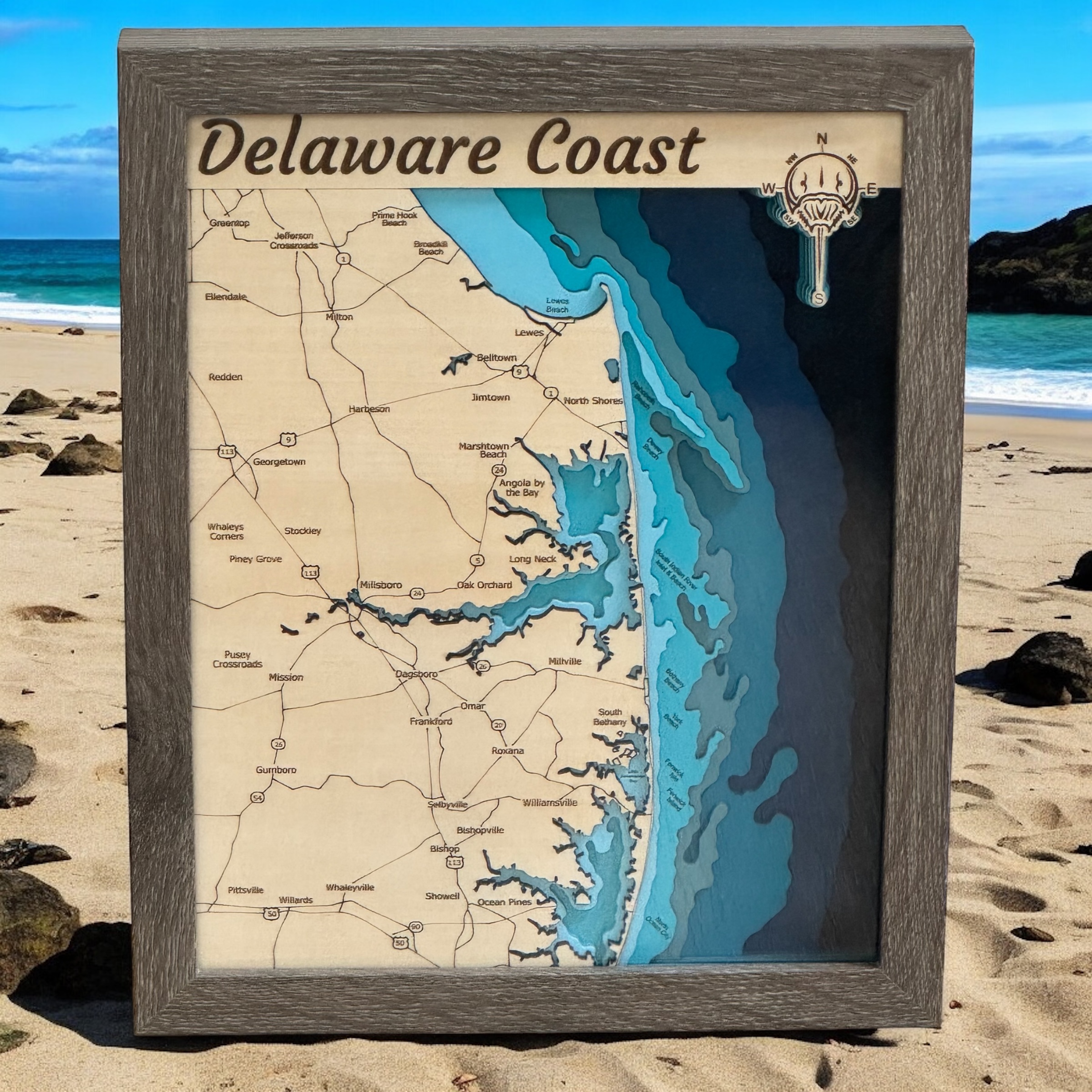 Delaware Coastal Map - Wall Art - Delmarva 3D Map | Custom Nautical Wood Map, Cabin Decor, Beach House, 3D Chart, Laser-Cut Map, Delaware